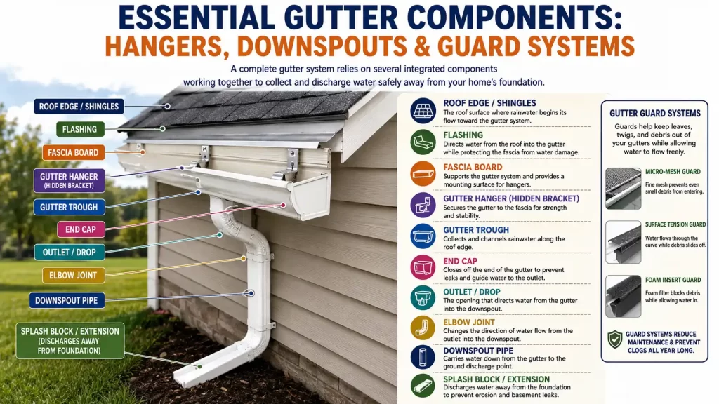 Essential gutter components including hangers, flashing, gutter trough, downspout, elbow joints, end caps, and splash block