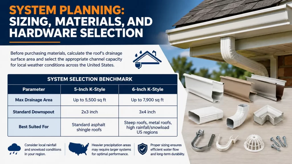 Gutter system planning guide comparing 5-inch and 6-inch K-style gutters, drainage capacity, downspout sizes, and hardware selection