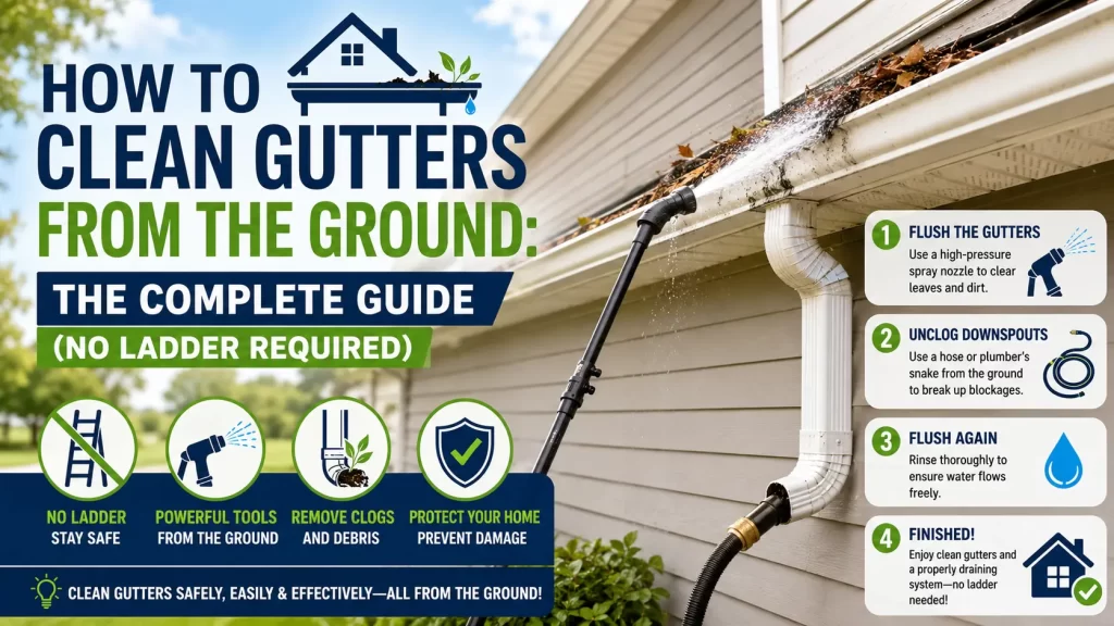Infographic showing how to clean gutters from the ground without a ladder using a telescoping pole, high-pressure hose nozzle, and plumber’s snake to clear debris and unclog downspouts