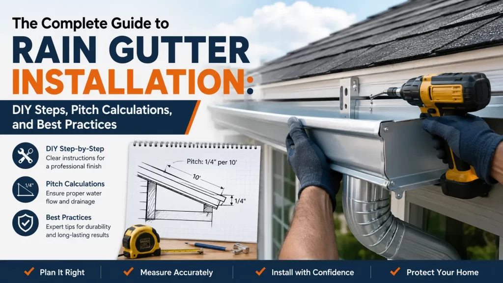 Rain gutter installation guide showing DIY steps, gutter pitch calculations, tools, and best practices for proper drainage.
