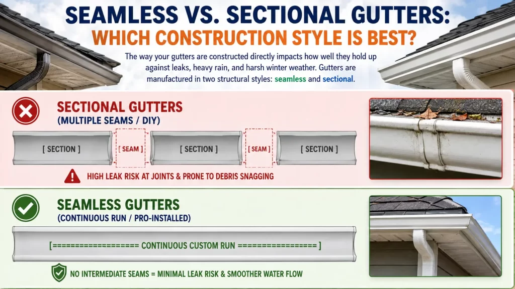 Seamless vs sectional gutters comparison showing continuous gutters with fewer seams and lower leak risk