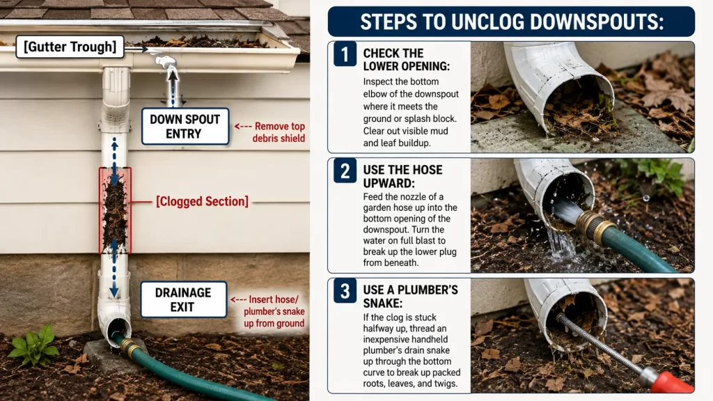 Step-by-step infographic showing how to unclog a downspout using a garden hose or plumber’s snake inserted from the drainage exit.