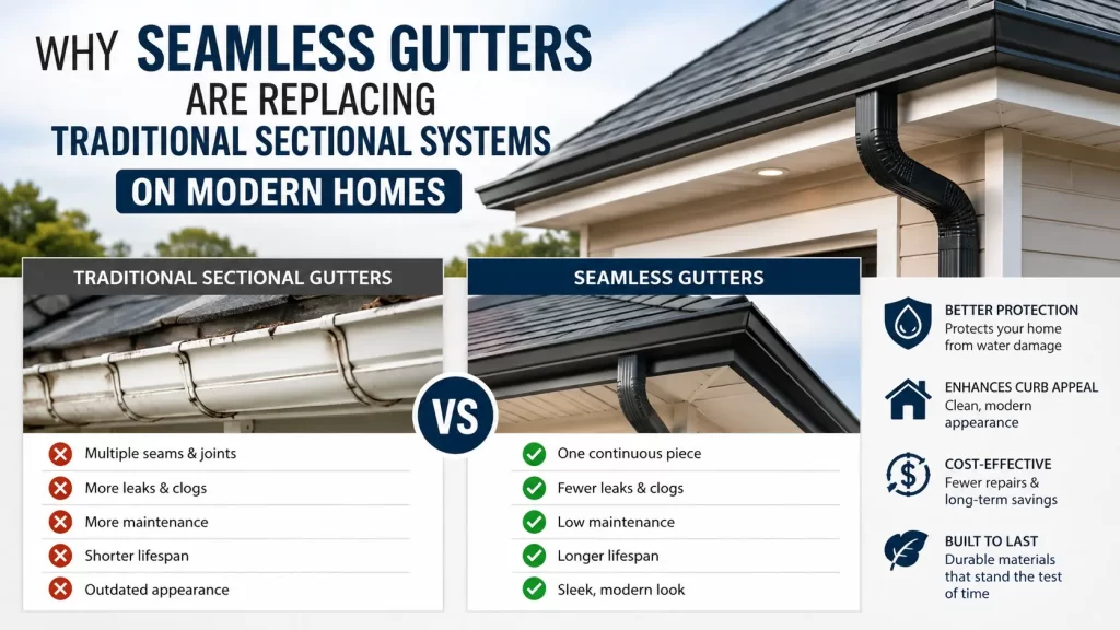 Why seamless gutters are replacing traditional sectional gutters on modern homes, showing fewer seams, reduced leaks, low maintenance, longer lifespan, and improved curb appeal.